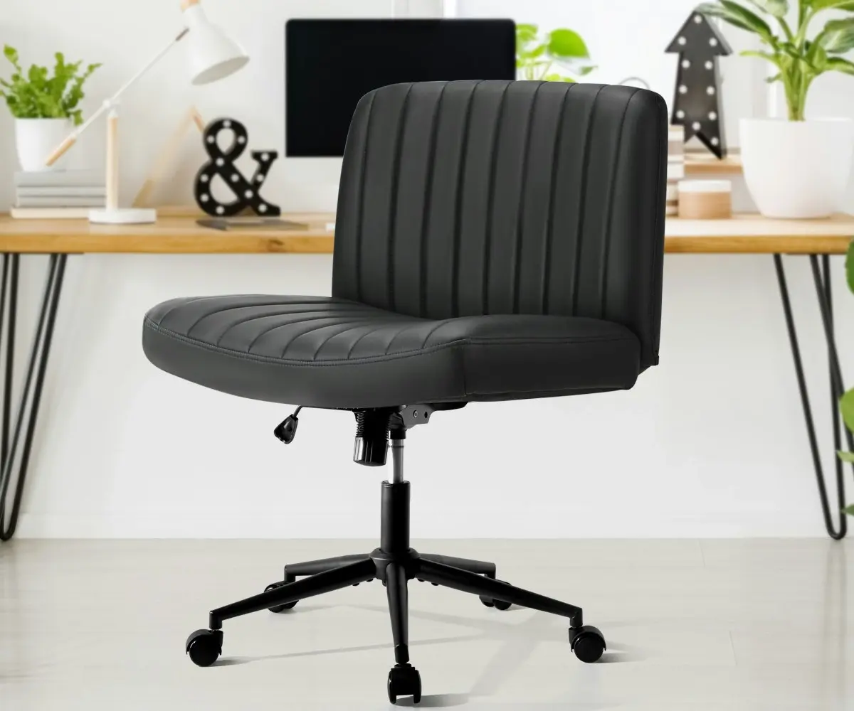 Oikiture Mid Back Armless Office Desk Chair Wide Seat with Wheels Leather Black