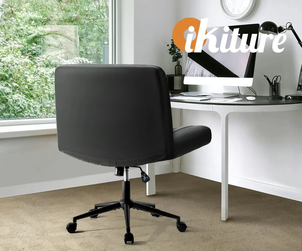 Oikiture Mid Back Armless Office Desk Chair Wide Seat with Wheels Leather Black