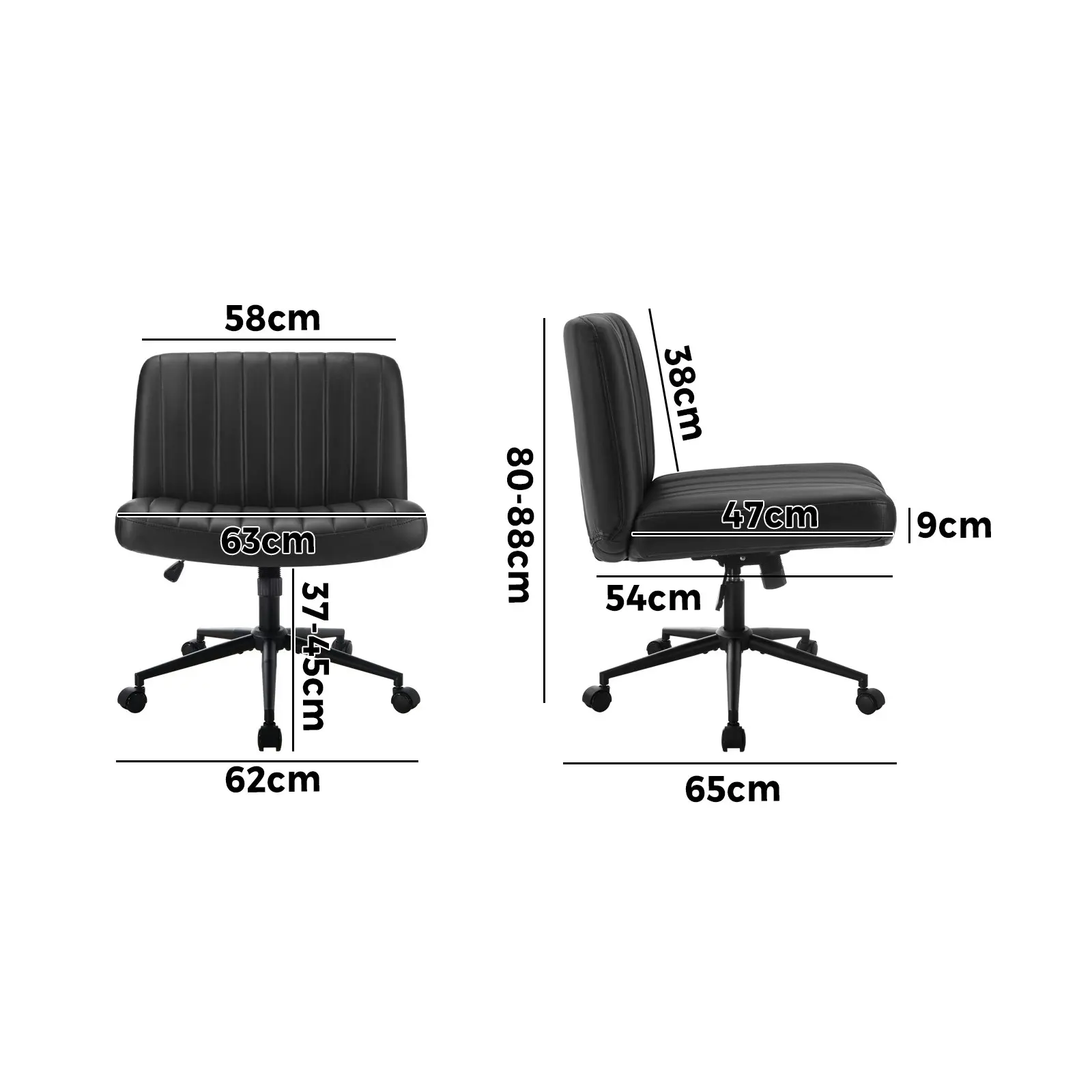 Oikiture Mid Back Armless Office Desk Chair Wide Seat with Wheels Leather Black