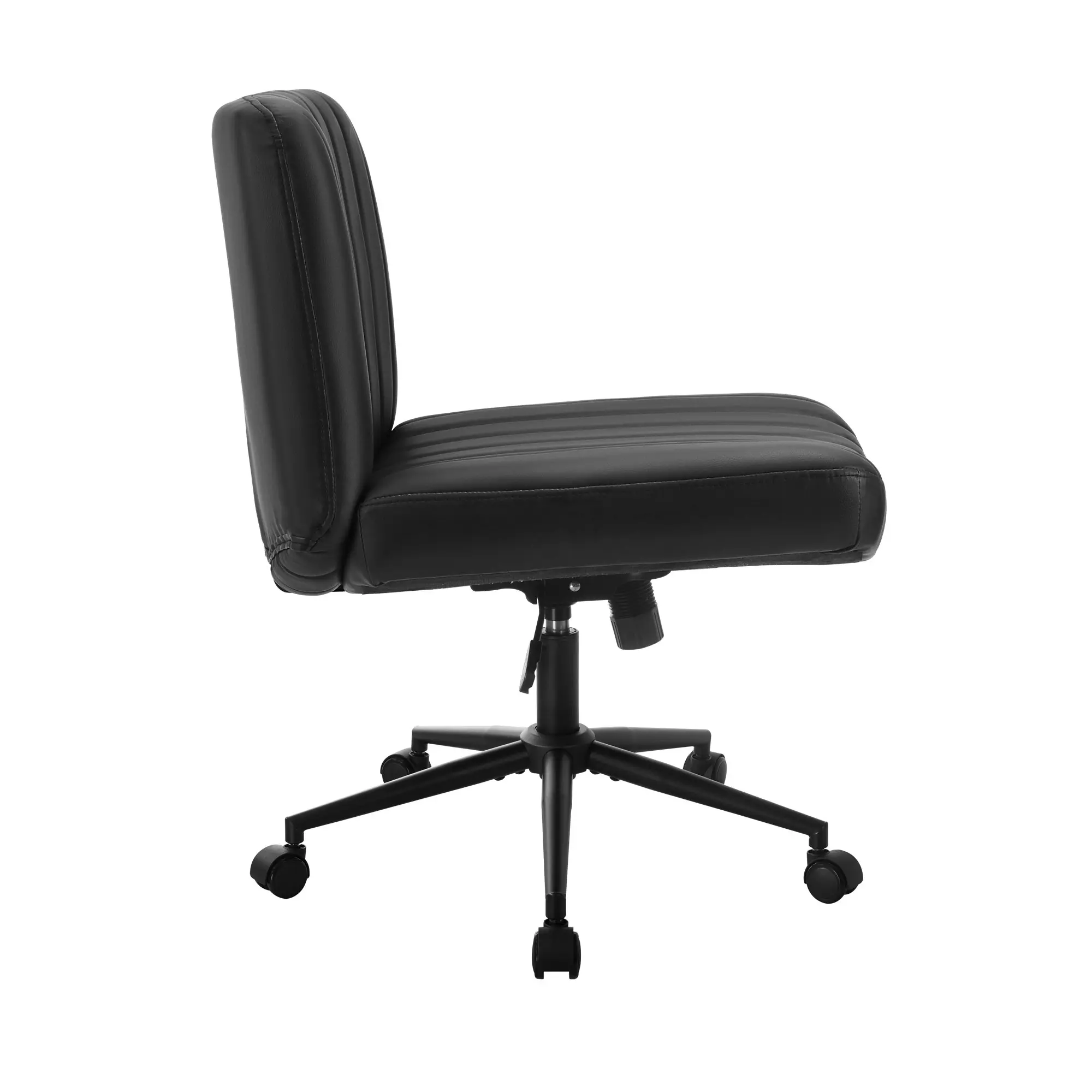 Oikiture Mid Back Armless Office Desk Chair Wide Seat with Wheels Leather Black