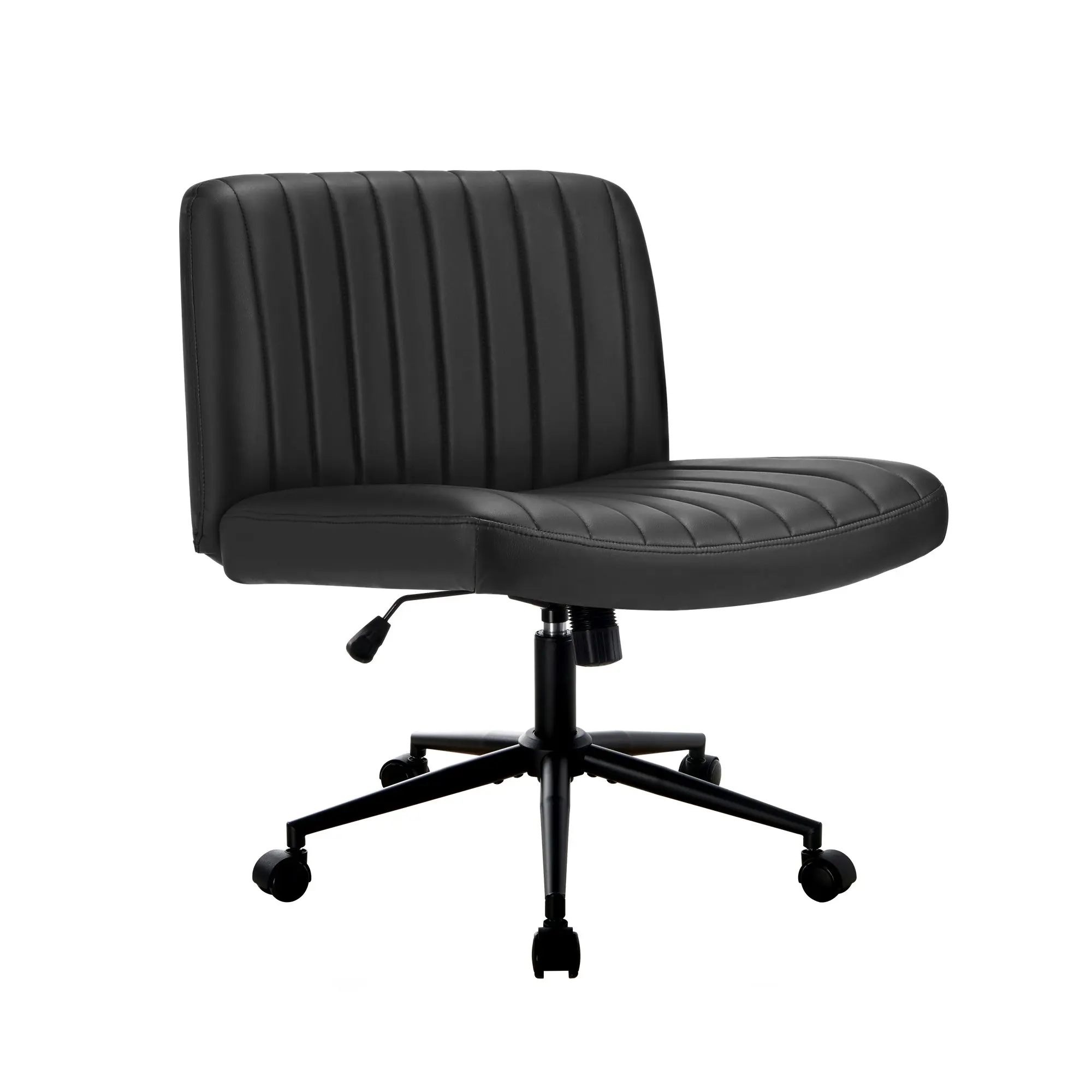 Oikiture Mid Back Armless Office Desk Chair Wide Seat with Wheels Leather Black