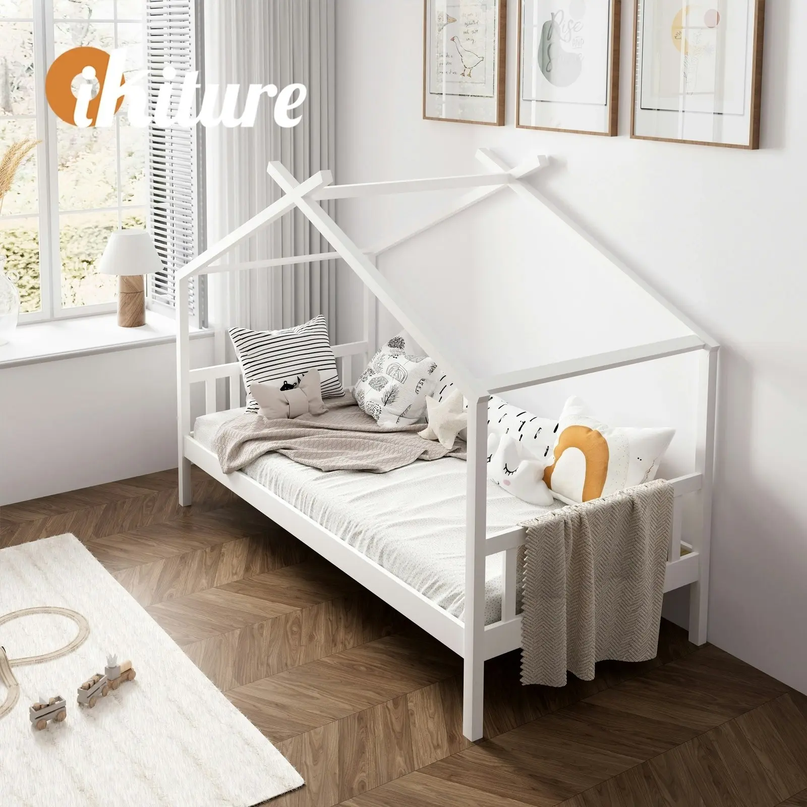 Oikiture Kids Bed Frame Single Wooden House Frame Beds Platform White