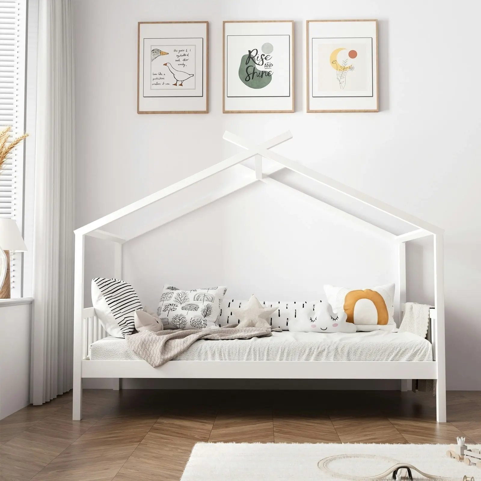 Oikiture Kids Bed Frame Single Wooden House Frame Beds Platform White