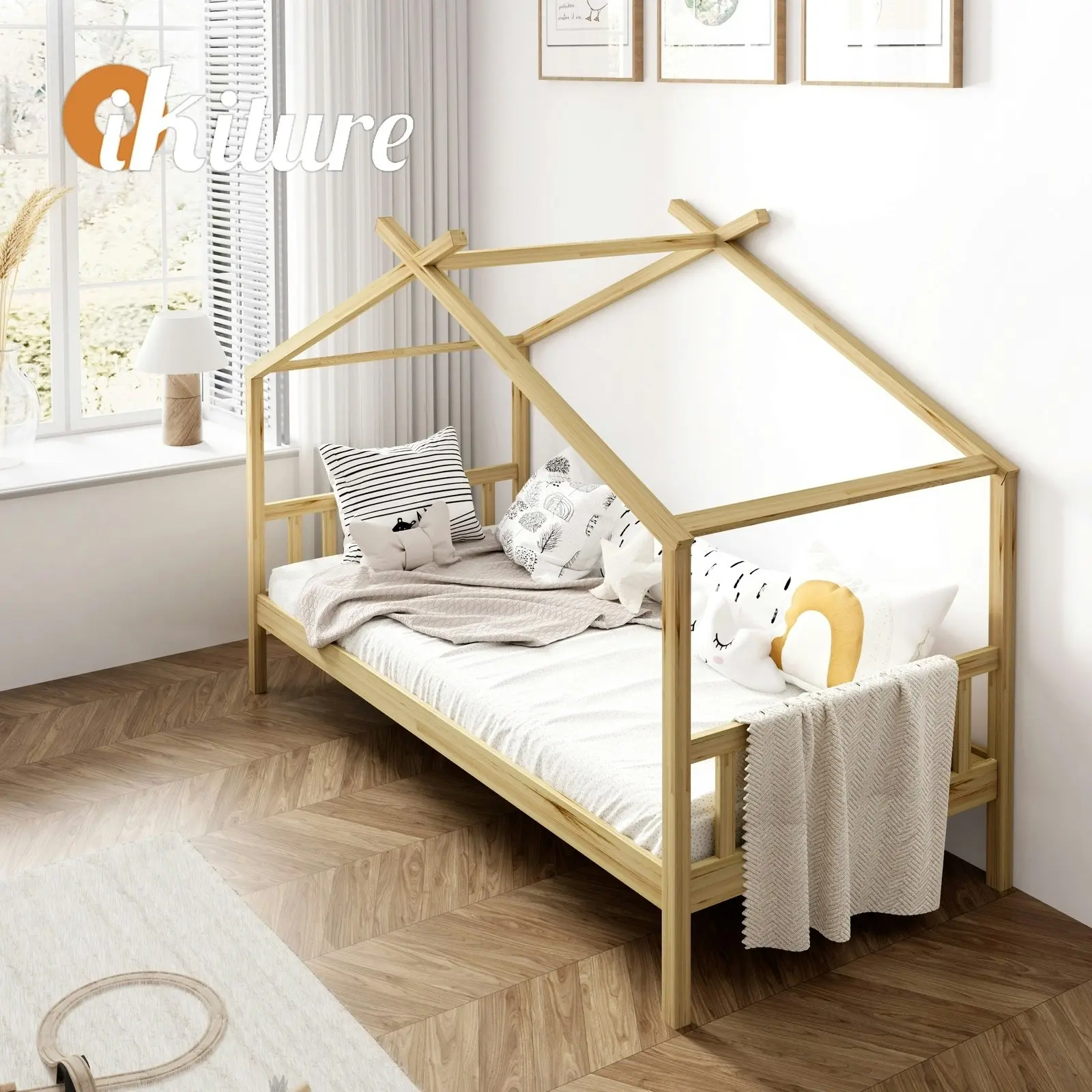 Oikiture Kids Bed Frame Single Wooden House Frame Beds Platform Timber