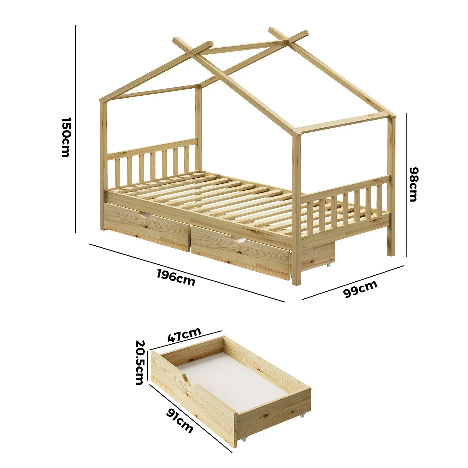 Oikiture Kids Bed Frame Single Size with Storage Drawers Wooden