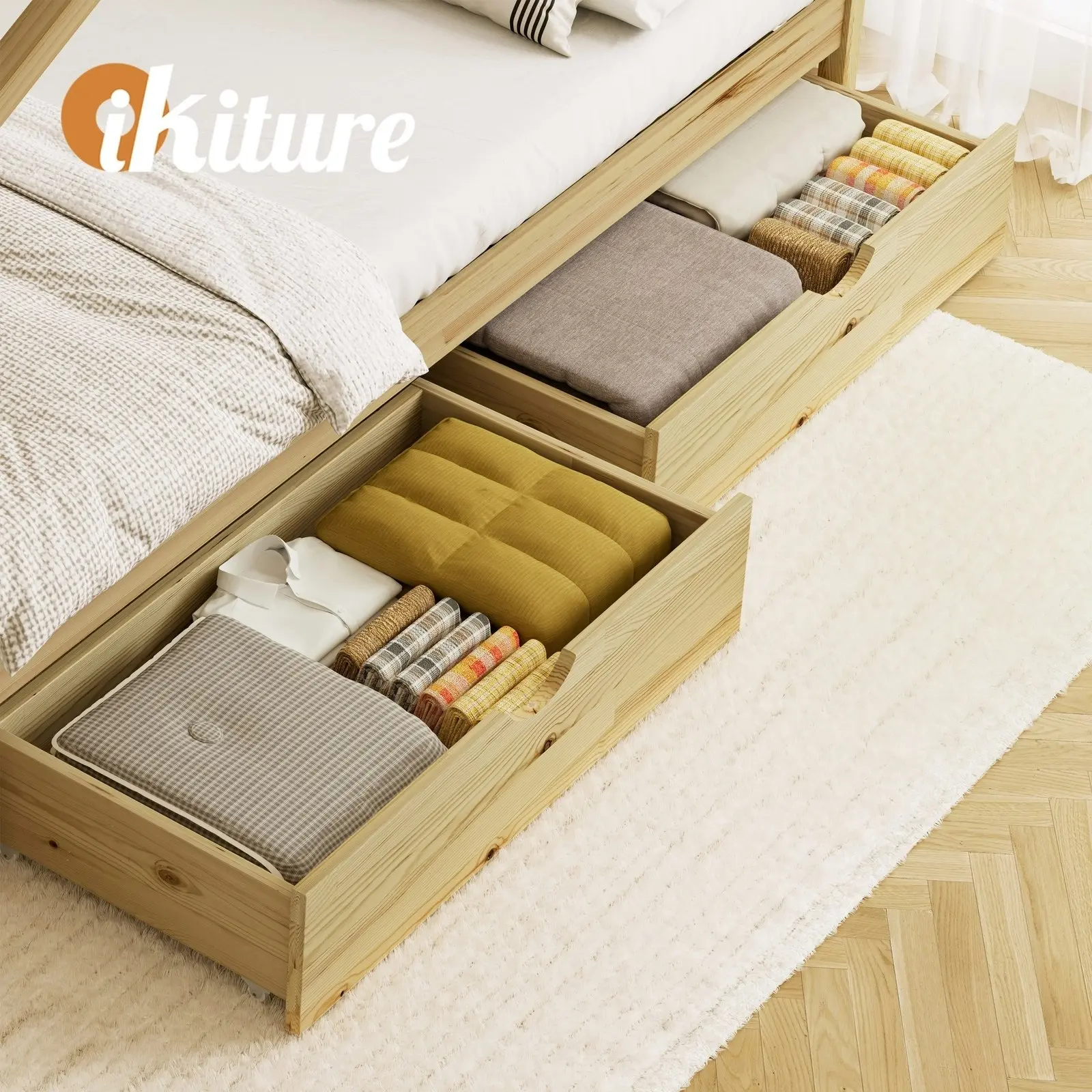 Oikiture Storage Drawers Trundle for Bed Frame Base Timber Wooden 2X