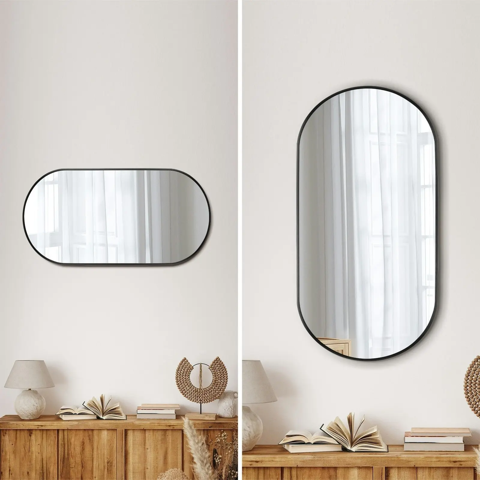 Oikiture Wall Mirrors Oval Makeup Mirror Home Decor Black 76x31cm