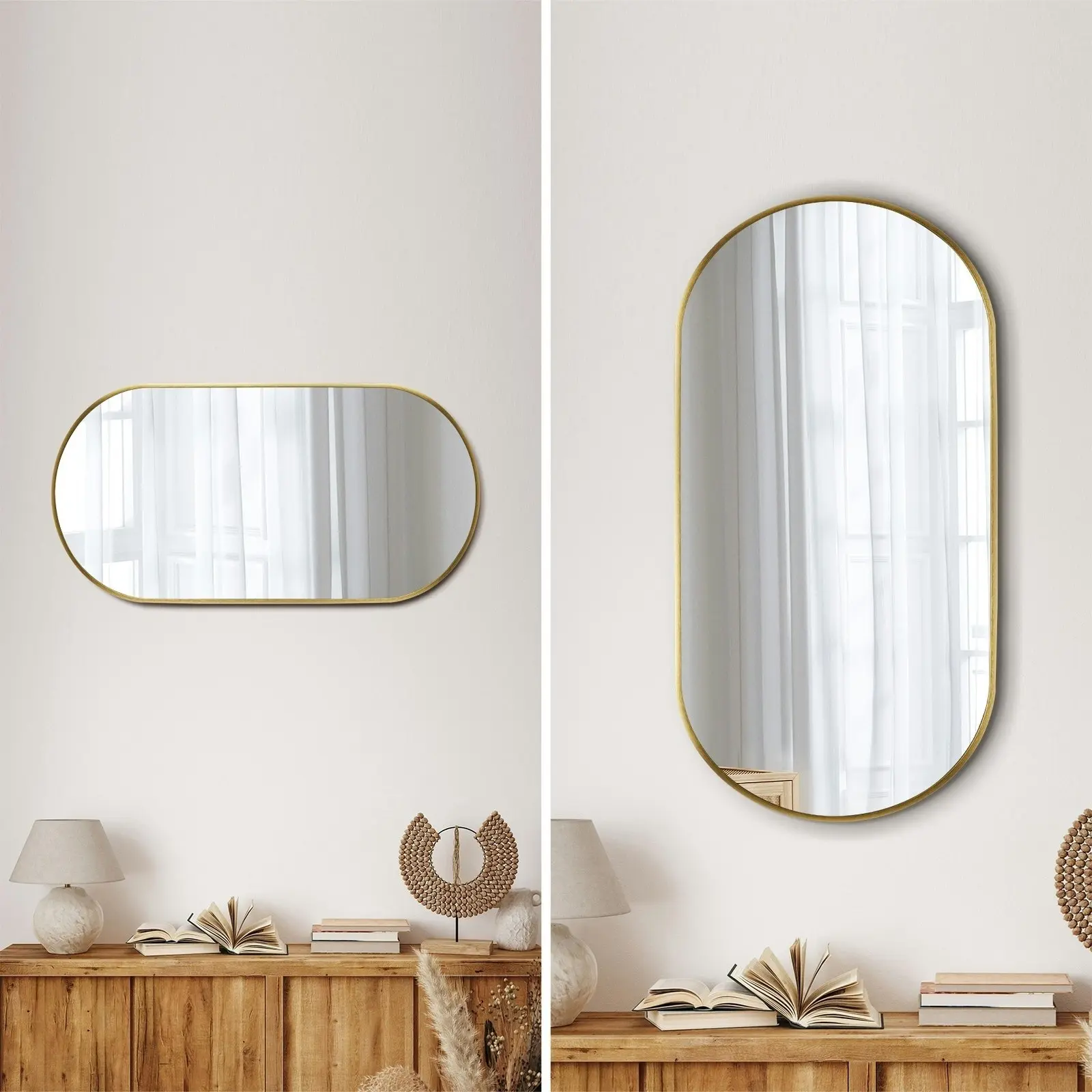 Oikiture Wall Mirrors Oval Makeup Mirror Home Decor Gold 76x31cm