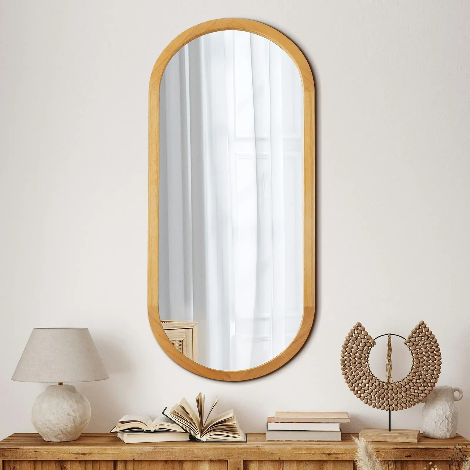 Oikiture Wall Mirrors Oval Makeup Mirror Home Decor Wooden 76x31cm