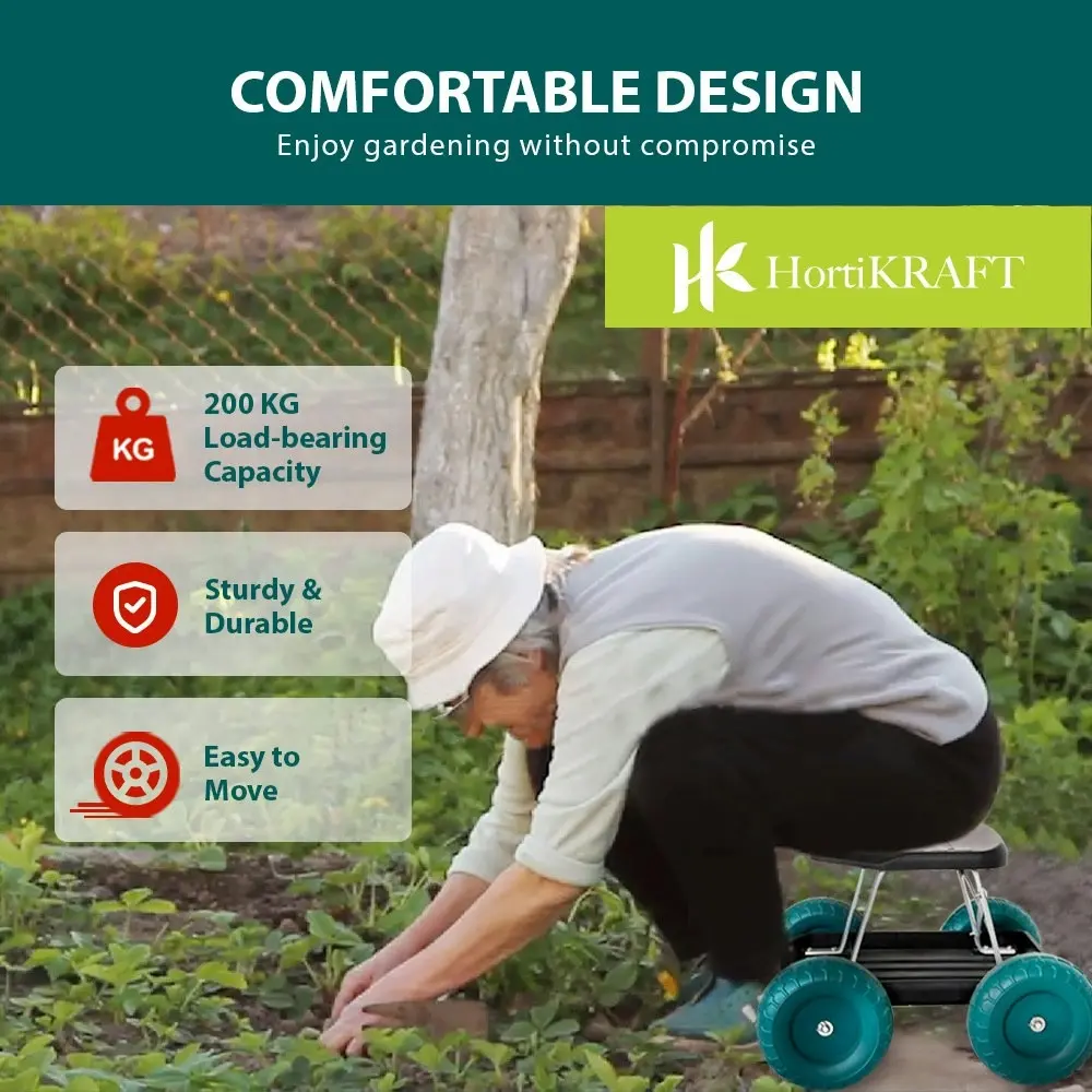 HortiKraft Rolling Garden Seat Cart With Tool Tray and 360 Degree Swivel Work Seat