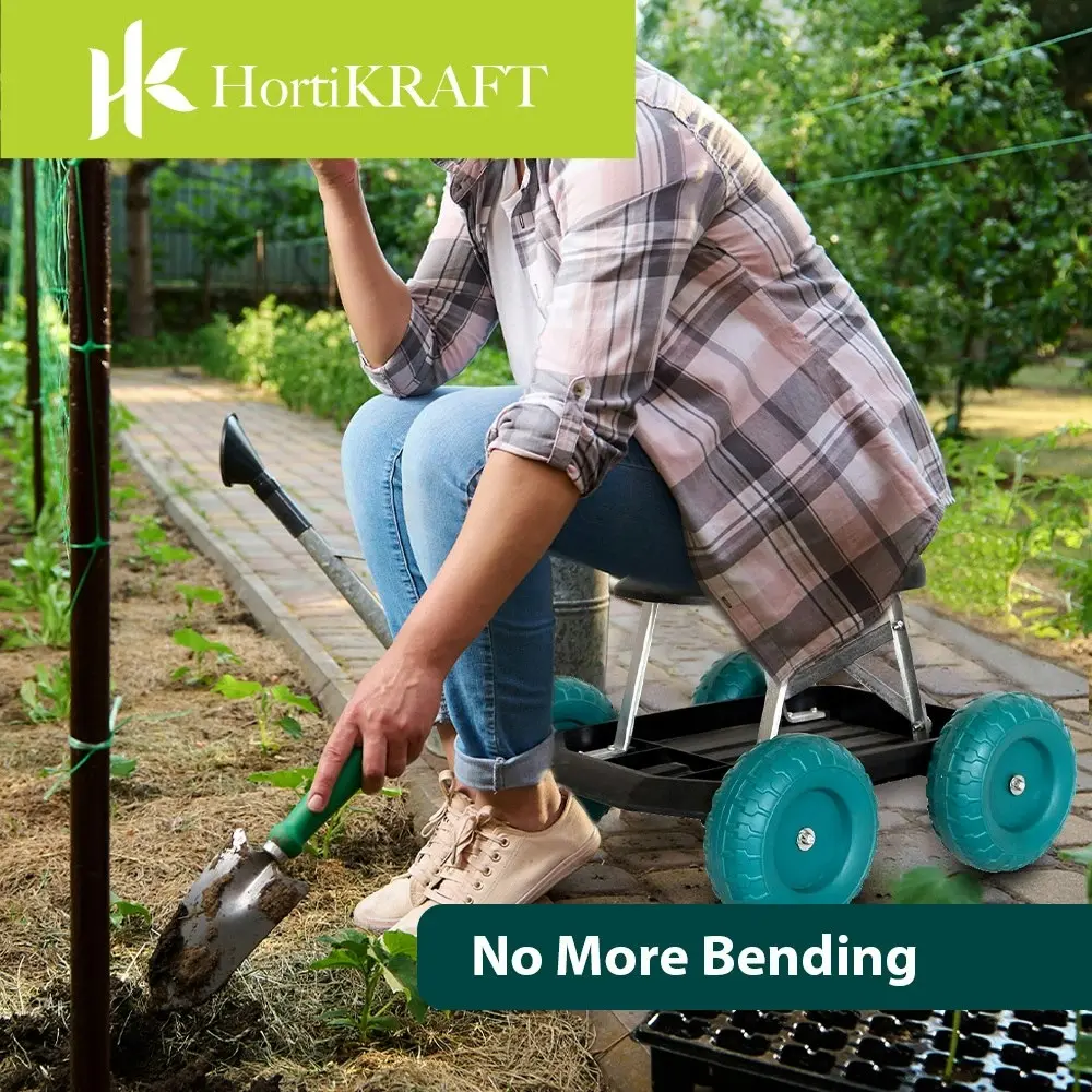 HortiKraft Rolling Garden Seat Cart With Tool Tray and 360 Degree Swivel Work Seat