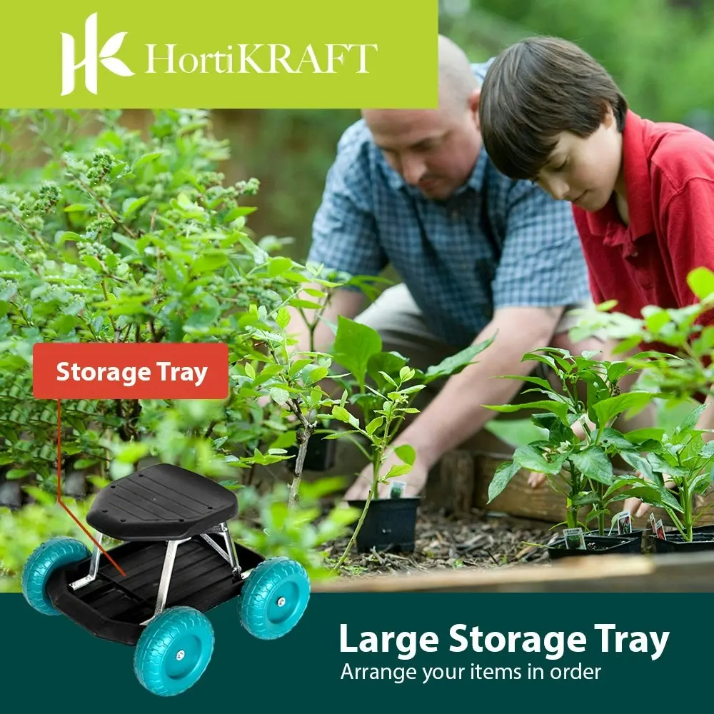 HortiKraft Rolling Garden Seat Cart With Tool Tray and 360 Degree Swivel Work Seat