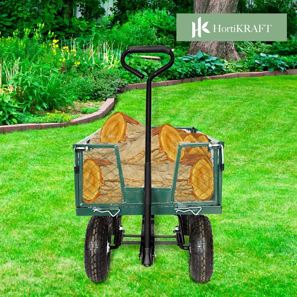 HortiKraft Heavy-Duty Garden Cart Utility Steel Mesh Wagon Outdoor Yard 300kg Capacity