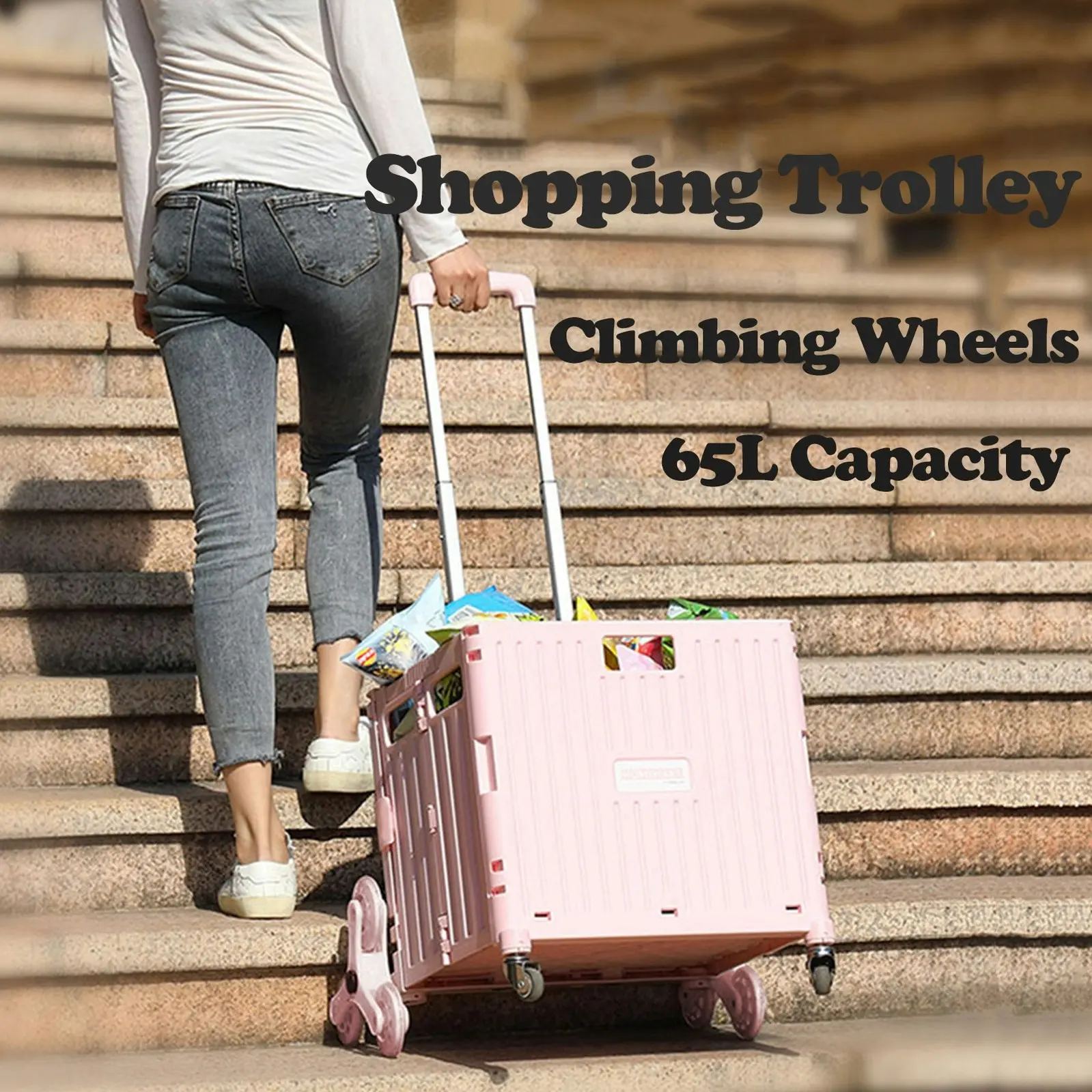 Viviendo 65L Foldable Shopping Trolley Cart Portable Grocery Basket Climbing Wheel with Top Cover - Pink