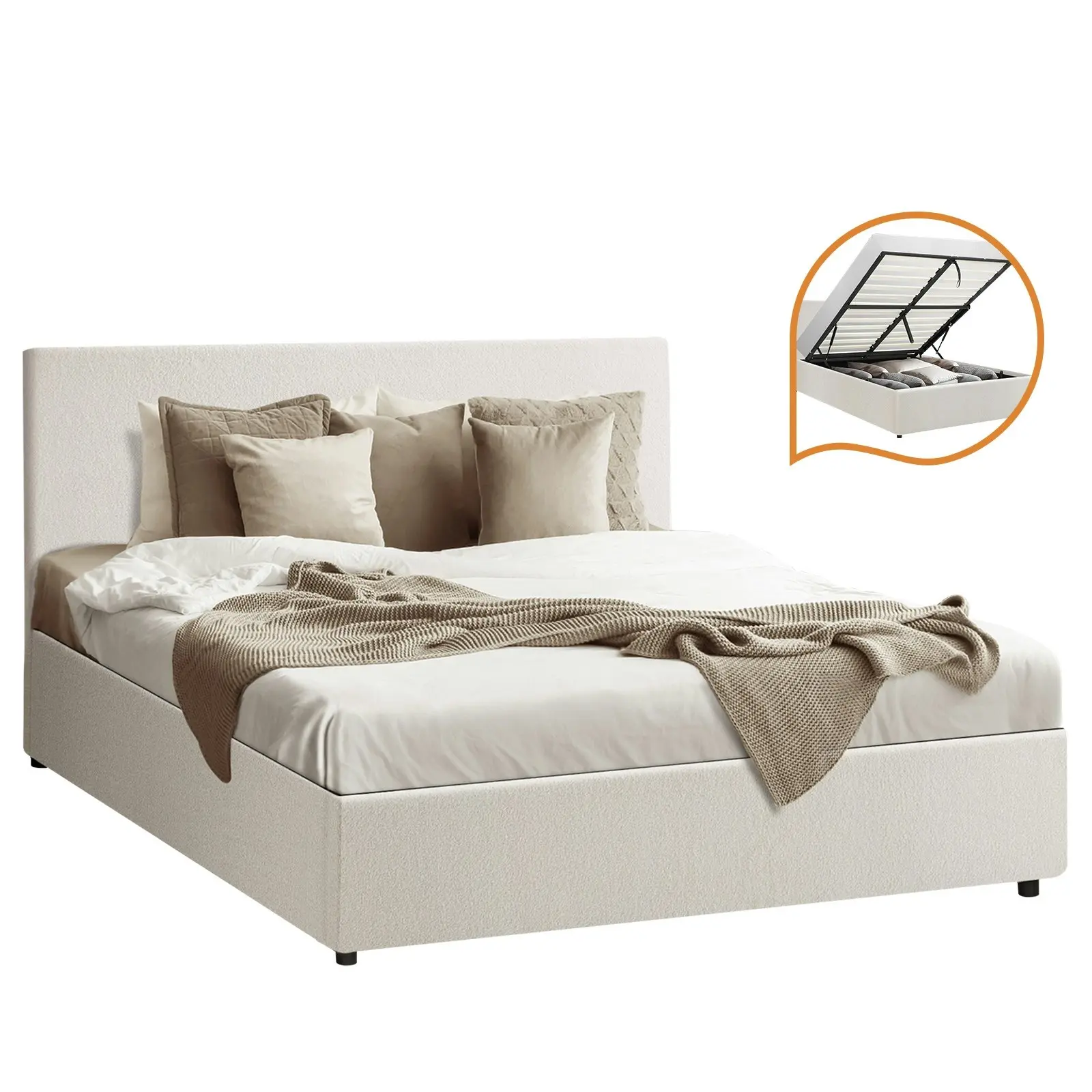 Oikiture Bed Frame Double Size Gas Lift White Boucle