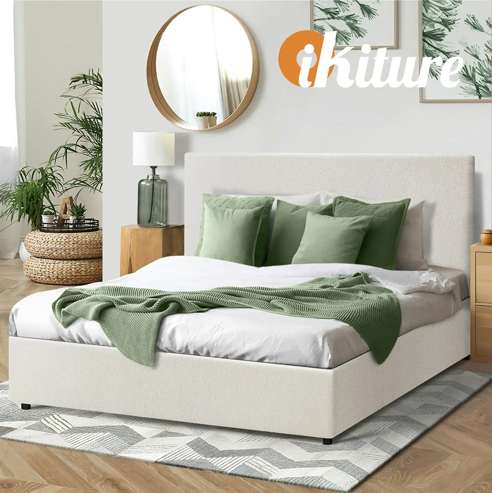 Oikiture Bed Frame Double Size Gas Lift White Boucle