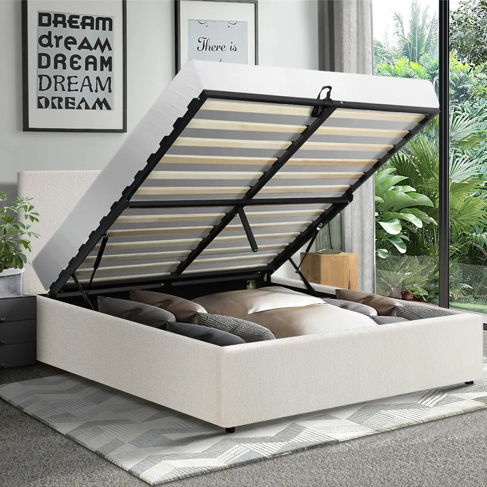 Oikiture Bed Frame Double Size Gas Lift White Boucle