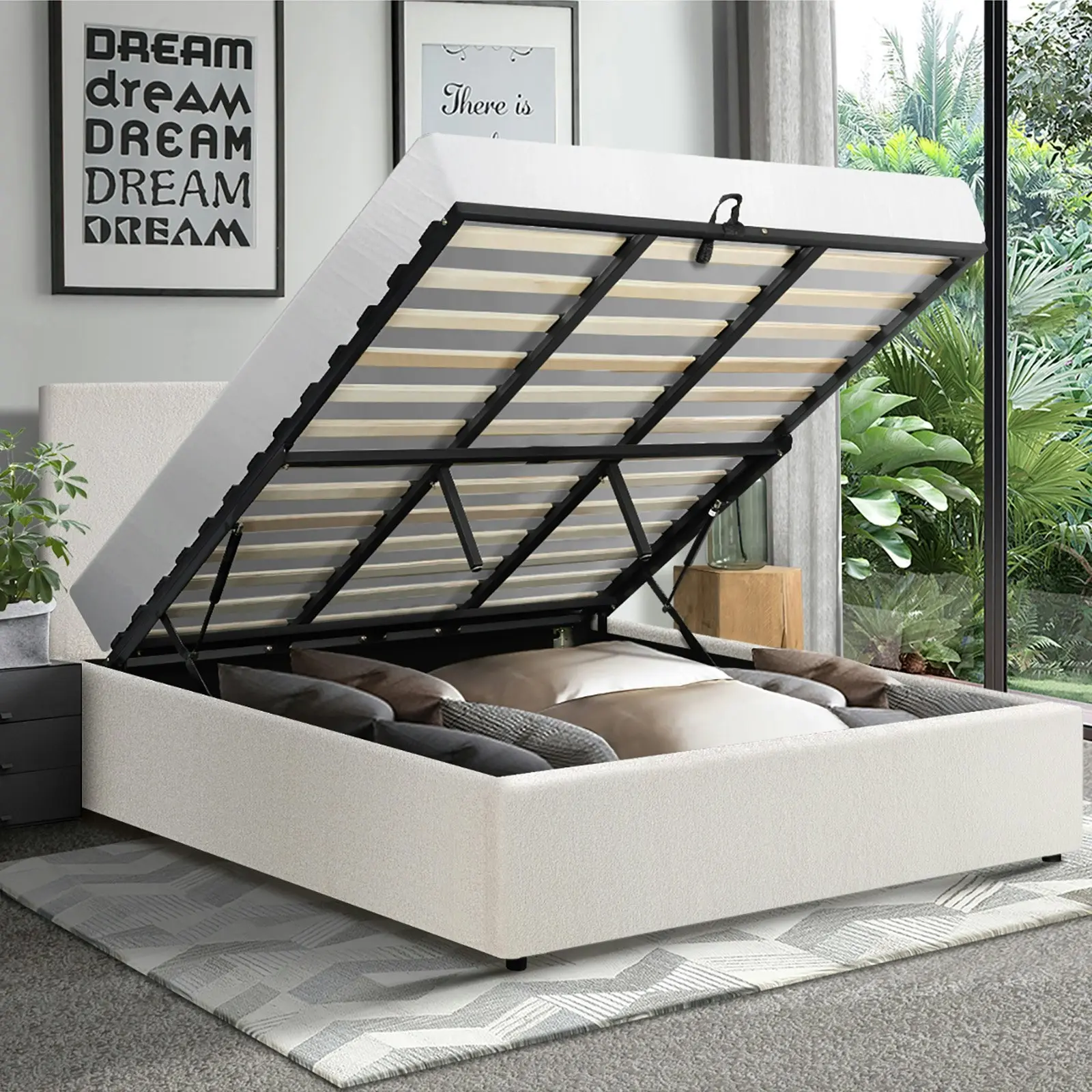 Oikiture Bed Frame King Size Gas Lift White Boucle