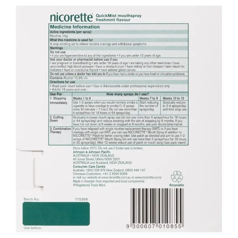 Nicorette Quit Smoking QuickMist Mouth Spray Freshmint 1mg 13.2mL 2 Pack