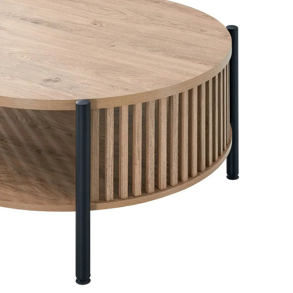 Design Square Ailana Wooden Round Open Shelf Coffee Table 80cm Slat Oak