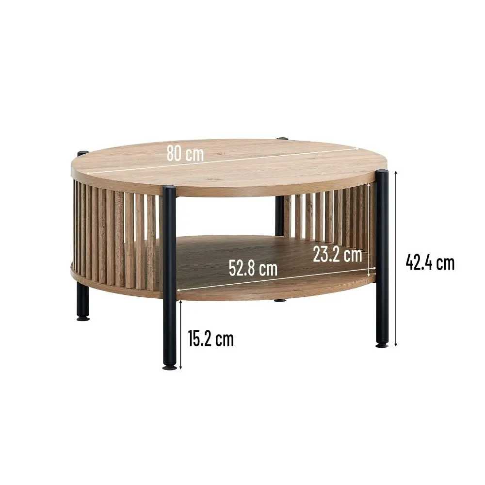 Design Square Ailana Wooden Round Open Shelf Coffee Table 80cm Slat Oak