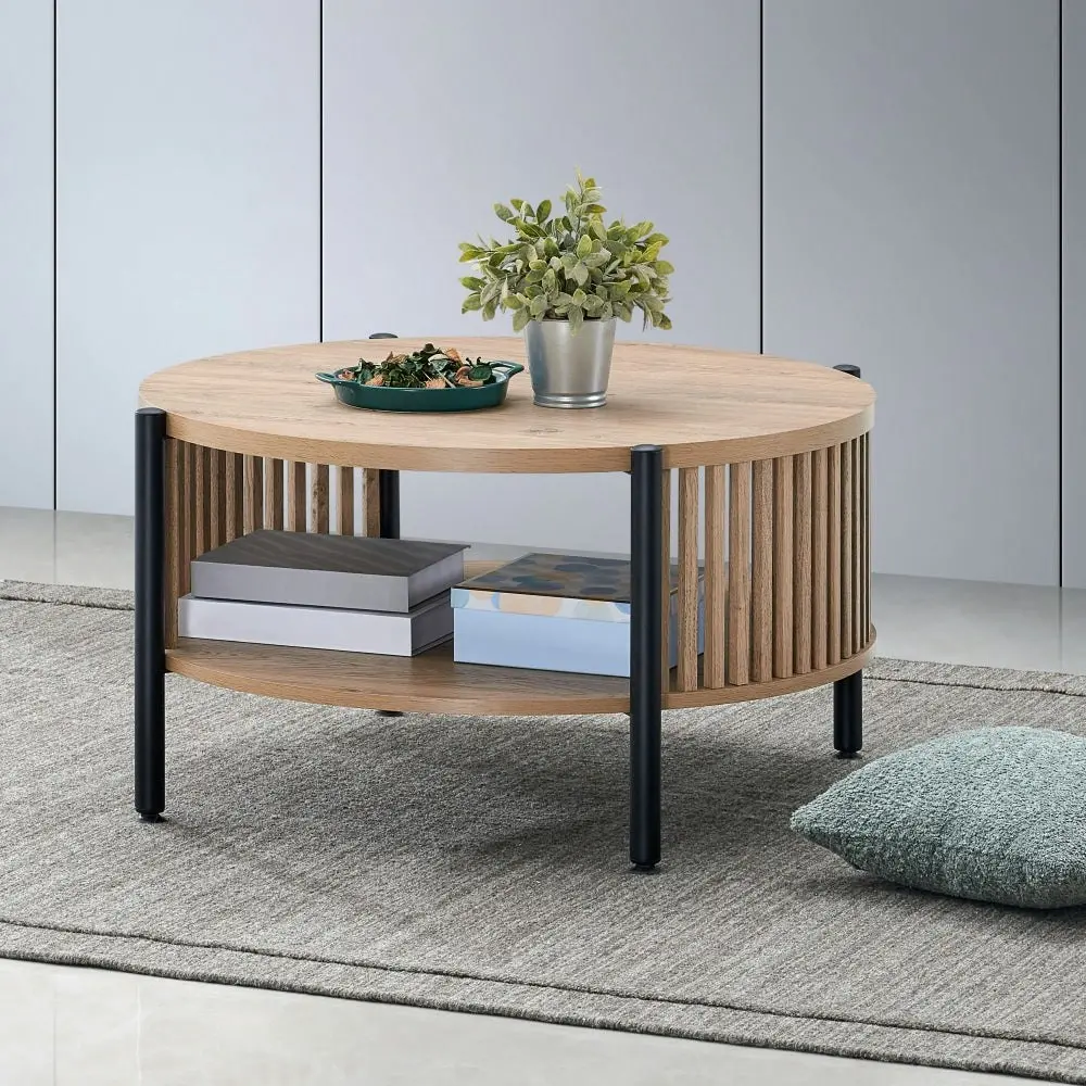 Design Square Ailana Wooden Round Open Shelf Coffee Table 80cm Slat Oak