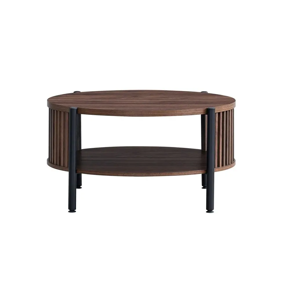 Design Square Ailana Wooden Round Open Shelf Coffee Table 80cm Slat Walnut