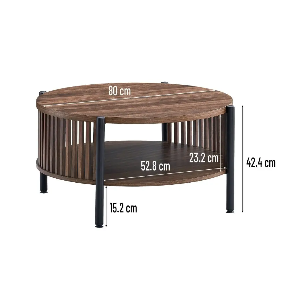 Design Square Ailana Wooden Round Open Shelf Coffee Table 80cm Slat Walnut