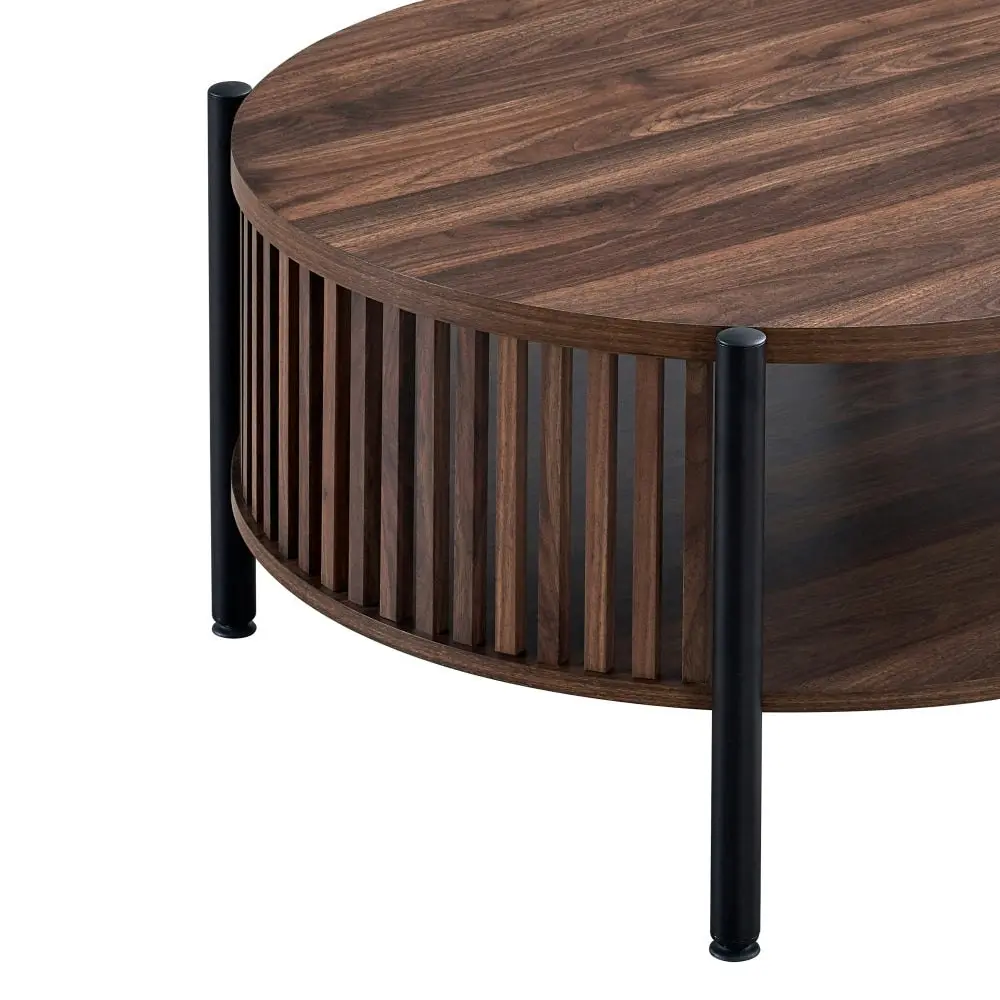 Design Square Ailana Wooden Round Open Shelf Coffee Table 80cm Slat Walnut