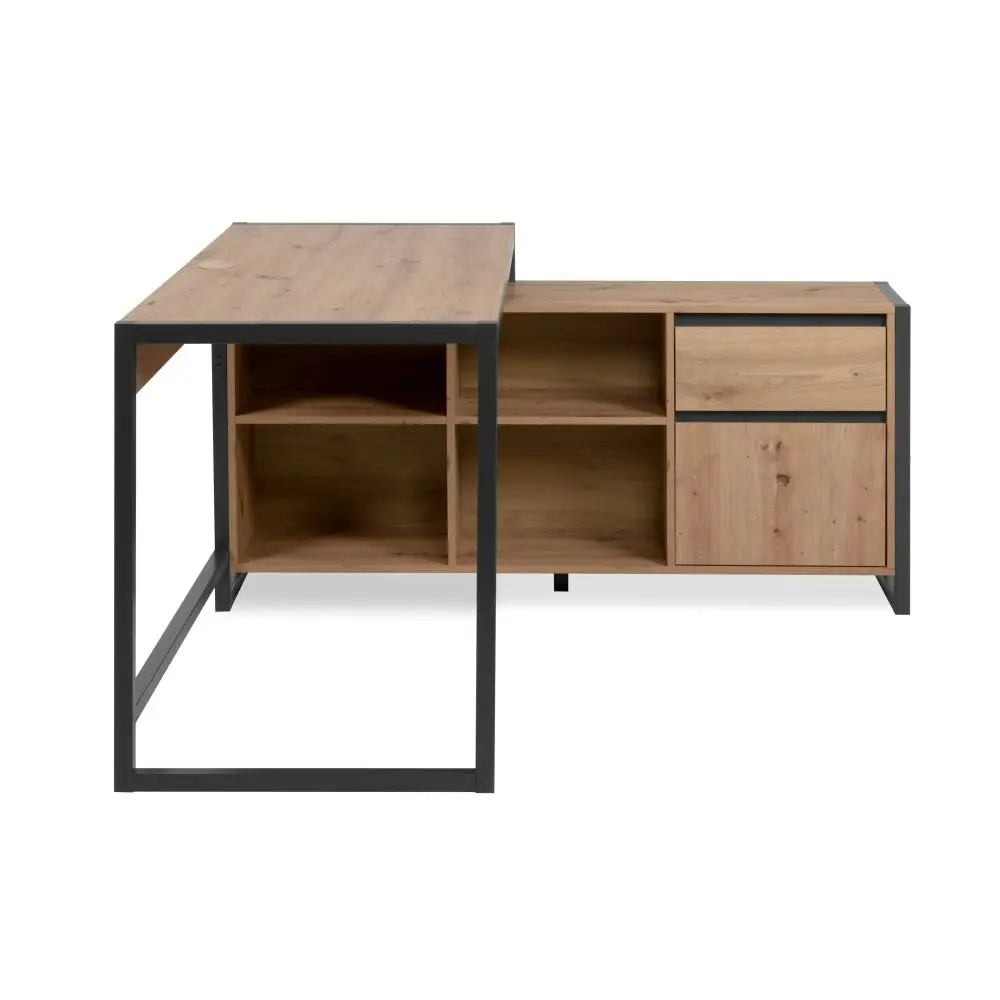 Design Square Isla Industrial L-Desk Executive Computer Working Office Desk Table W Storage Natural/Black