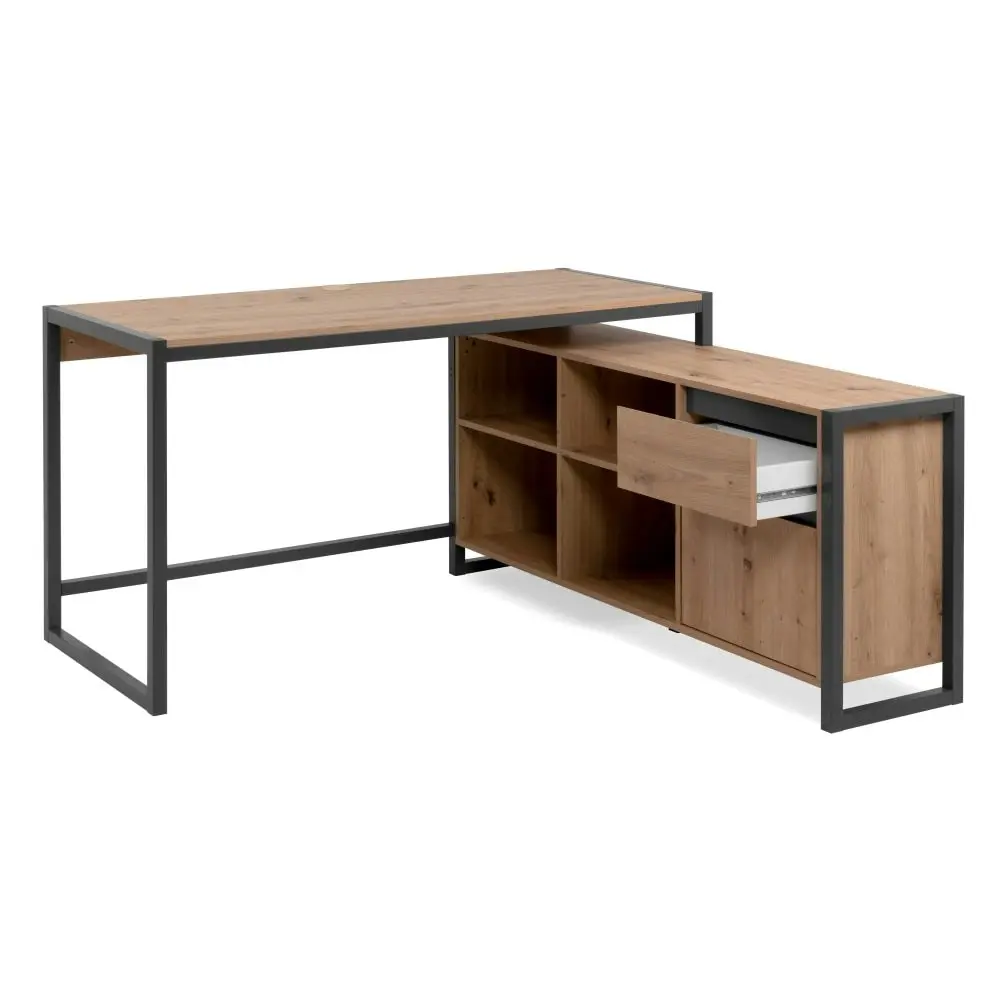 Design Square Isla Industrial L-Desk Executive Computer Working Office Desk Table W Storage Natural/Black