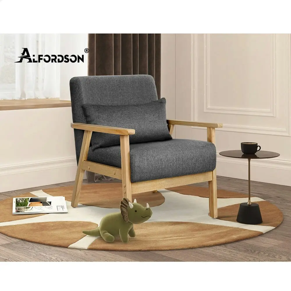 Alfordson Wooden Armchair Lounge Accent Chair Fabric Grey