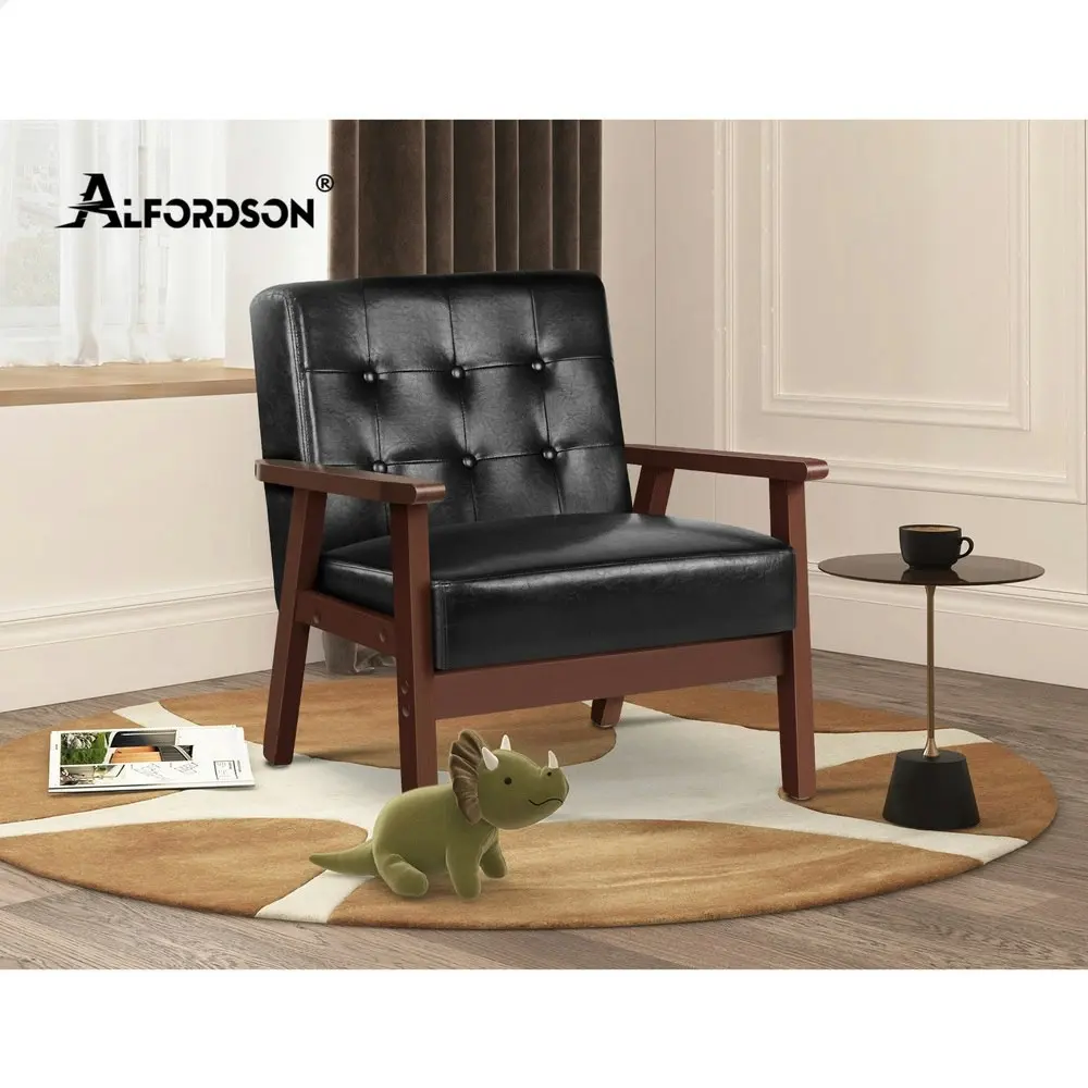 Alfordson Armchair Wooden Lounge Accent Chair PU Leather Seat Sofa Couch Black