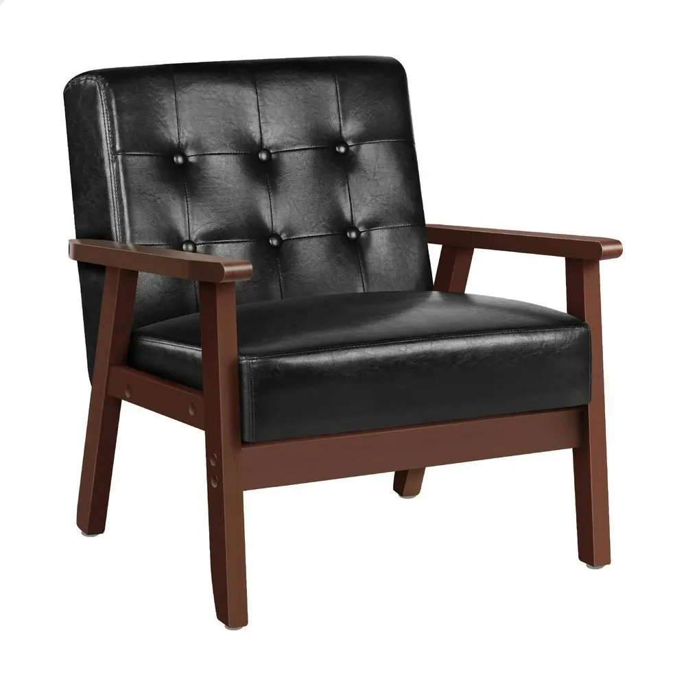 Alfordson Armchair Wooden Lounge Accent Chair PU Leather Seat Sofa Couch Black