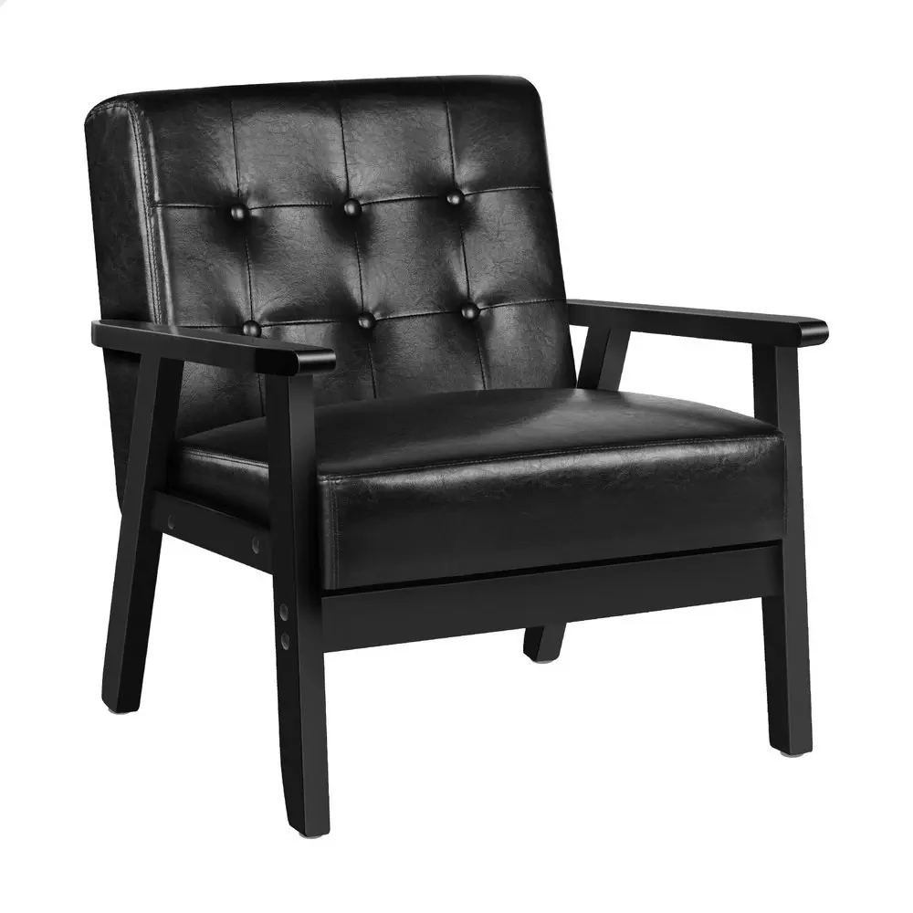 Alfordson Wooden Armchair Accent Lounge Chair PU Leather Seat Sofa Couch Black