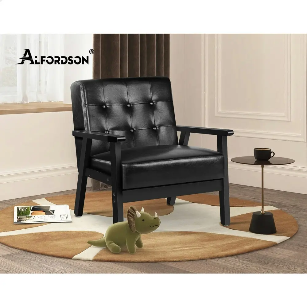 Alfordson Wooden Armchair Accent Lounge Chair PU Leather Seat Sofa Couch Black