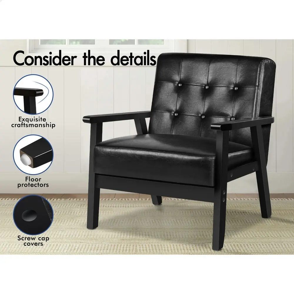 Alfordson Wooden Armchair Accent Lounge Chair PU Leather Seat Sofa Couch Black