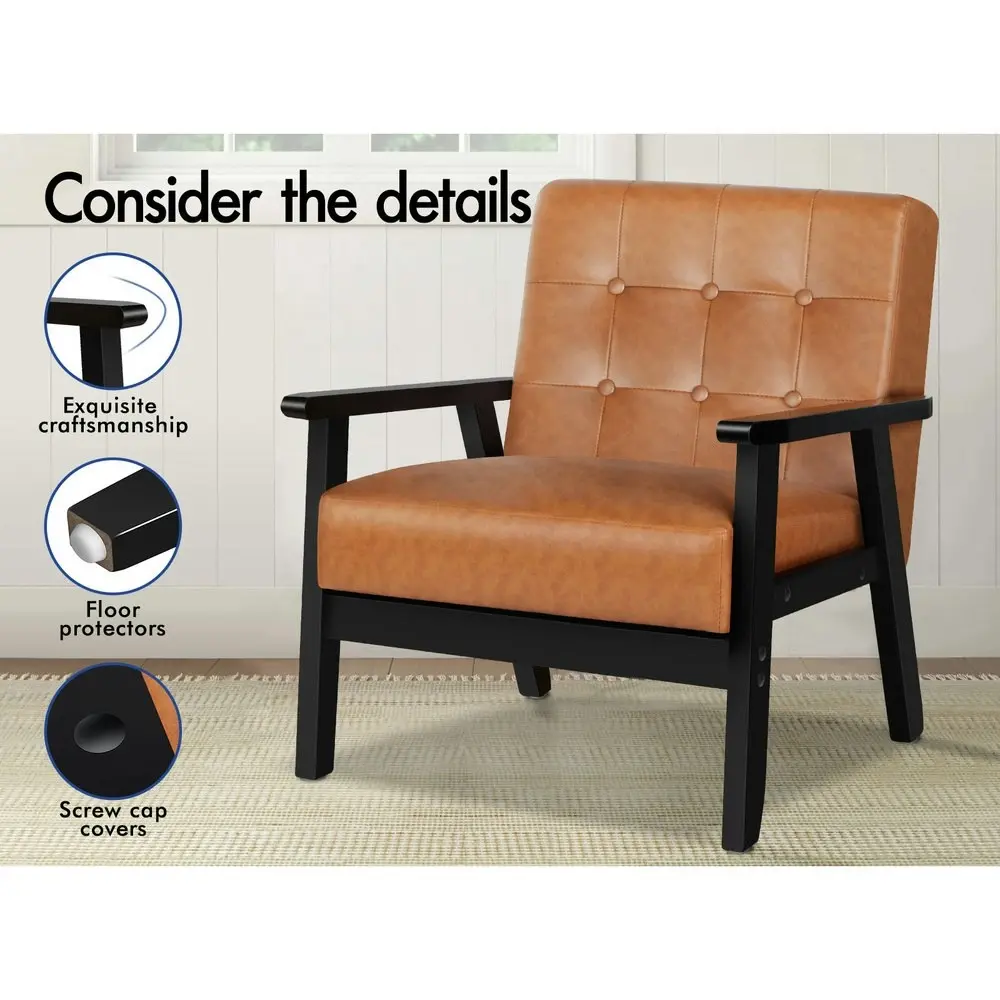 Alfordson Wooden Armchair Retro Accent Chair Lounge Sofa Couch PU Leather Seat