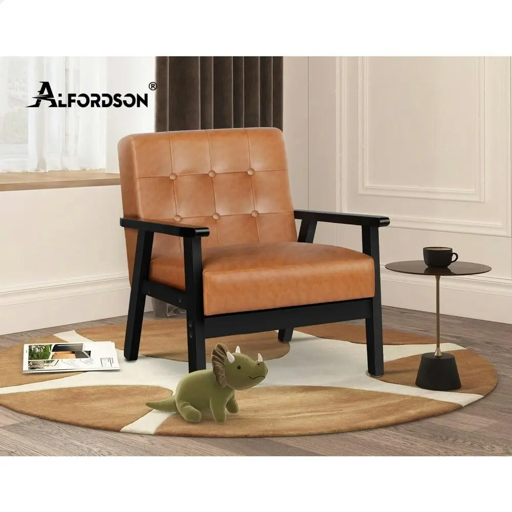 Alfordson Wooden Armchair Retro Accent Chair Lounge Sofa Couch PU Leather Seat