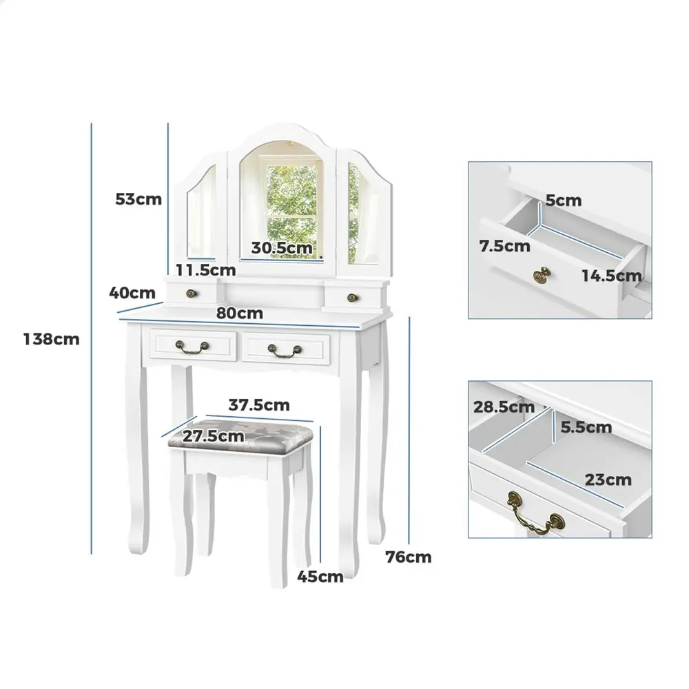 Alfordson Dressing Table Stool Set Foldable White