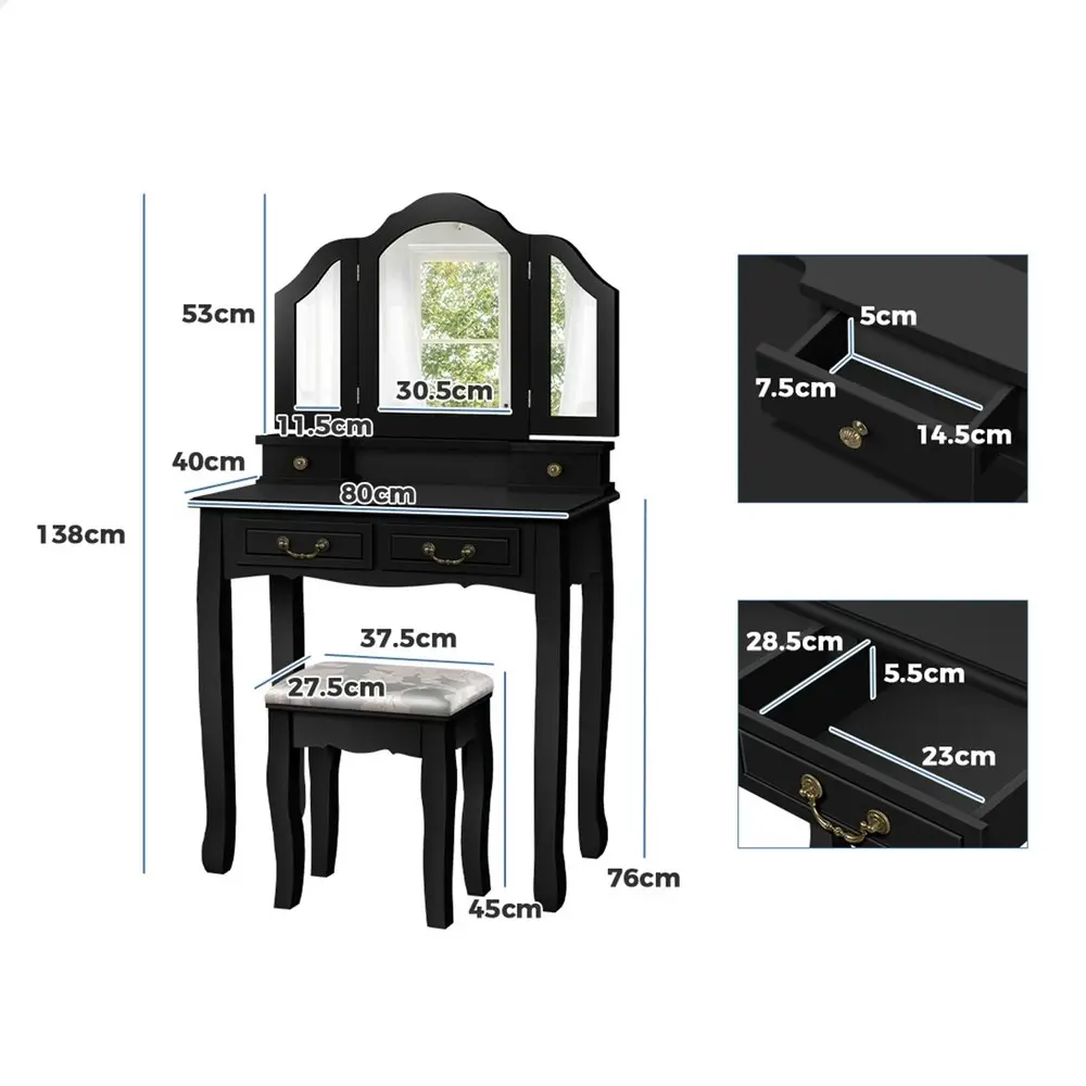 Alfordson Dressing Table Stool Set Foldable Black