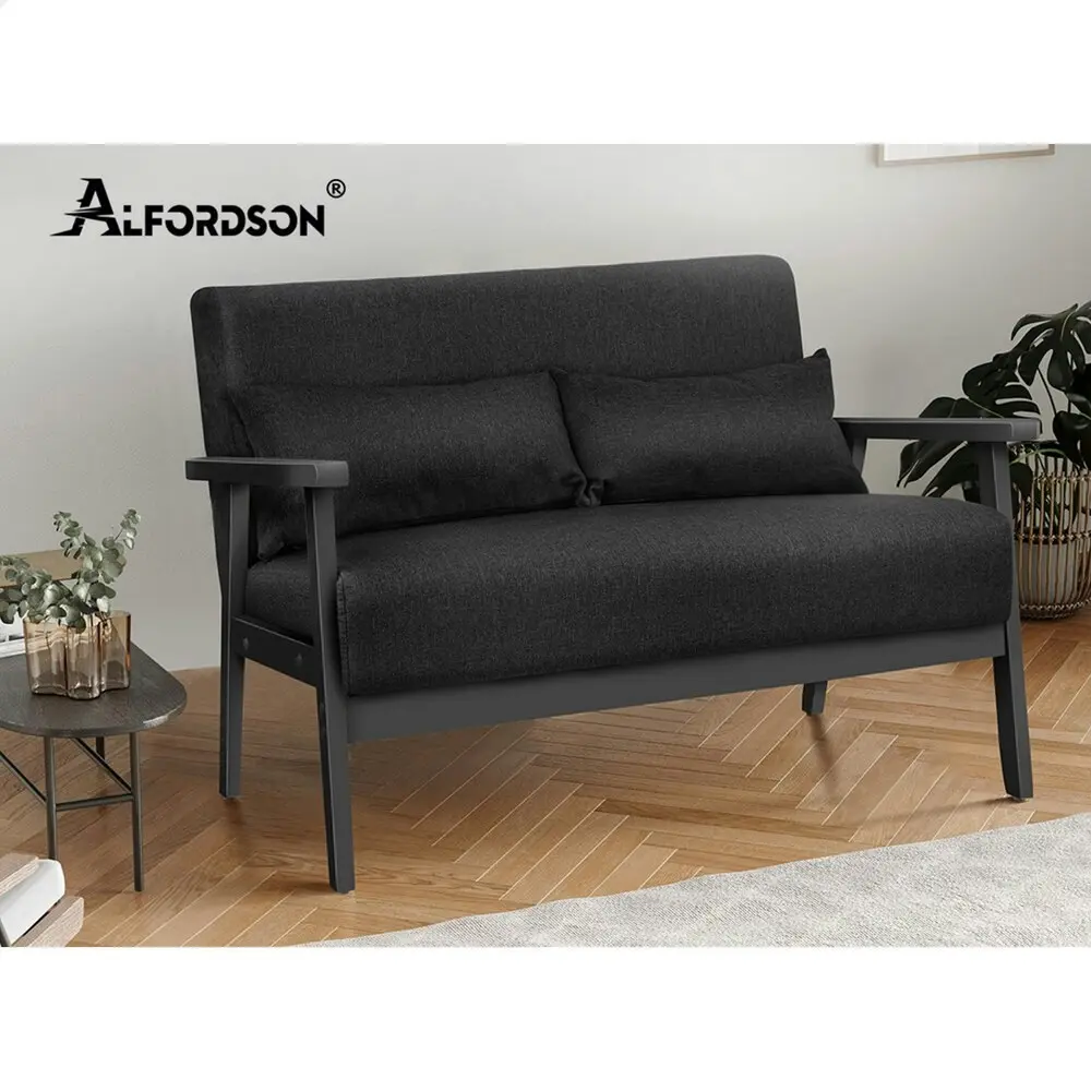 Alfordson Wooden Armchair 2 Seater Sofa Fabric Lounge Chair Accent Couch Seat Black