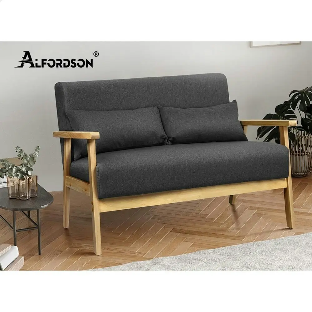 Alfordson Wooden Armchair 2 Seater Sofa Fabric Lounge Chair Accent Couch Seat Dark Grey