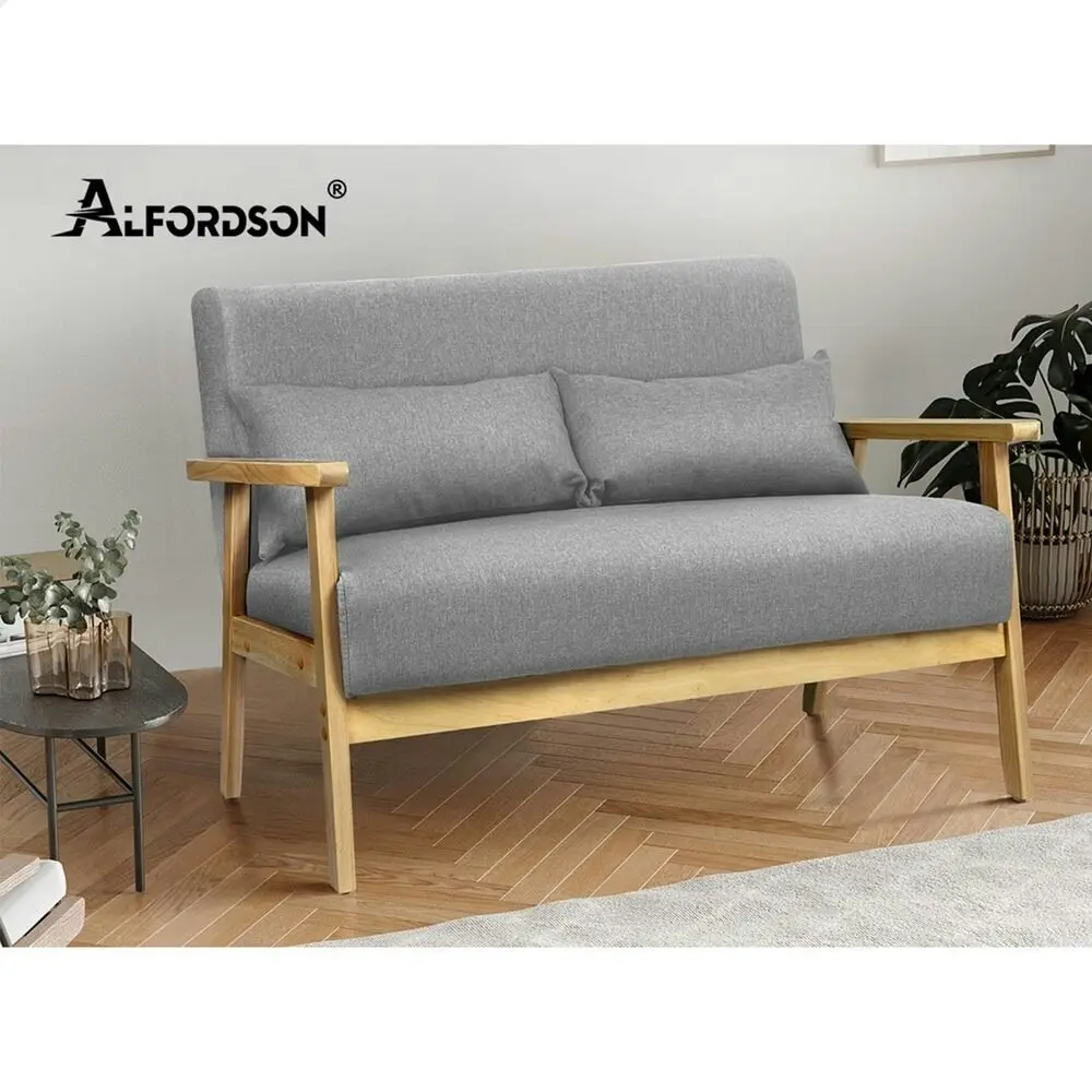 Alfordson Armchair 2 Seater Sofa Fabric Lounge Chair Accent Couch Wood Seat Grey