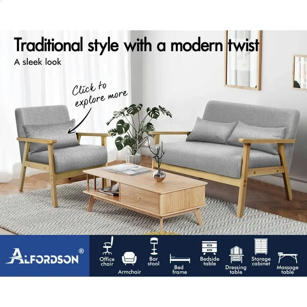 Alfordson Armchair 2 Seater Sofa Fabric Lounge Chair Accent Couch Wood Seat Grey