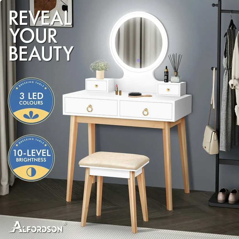 Alfordson Dressing Table Stool Set LED Mirror White