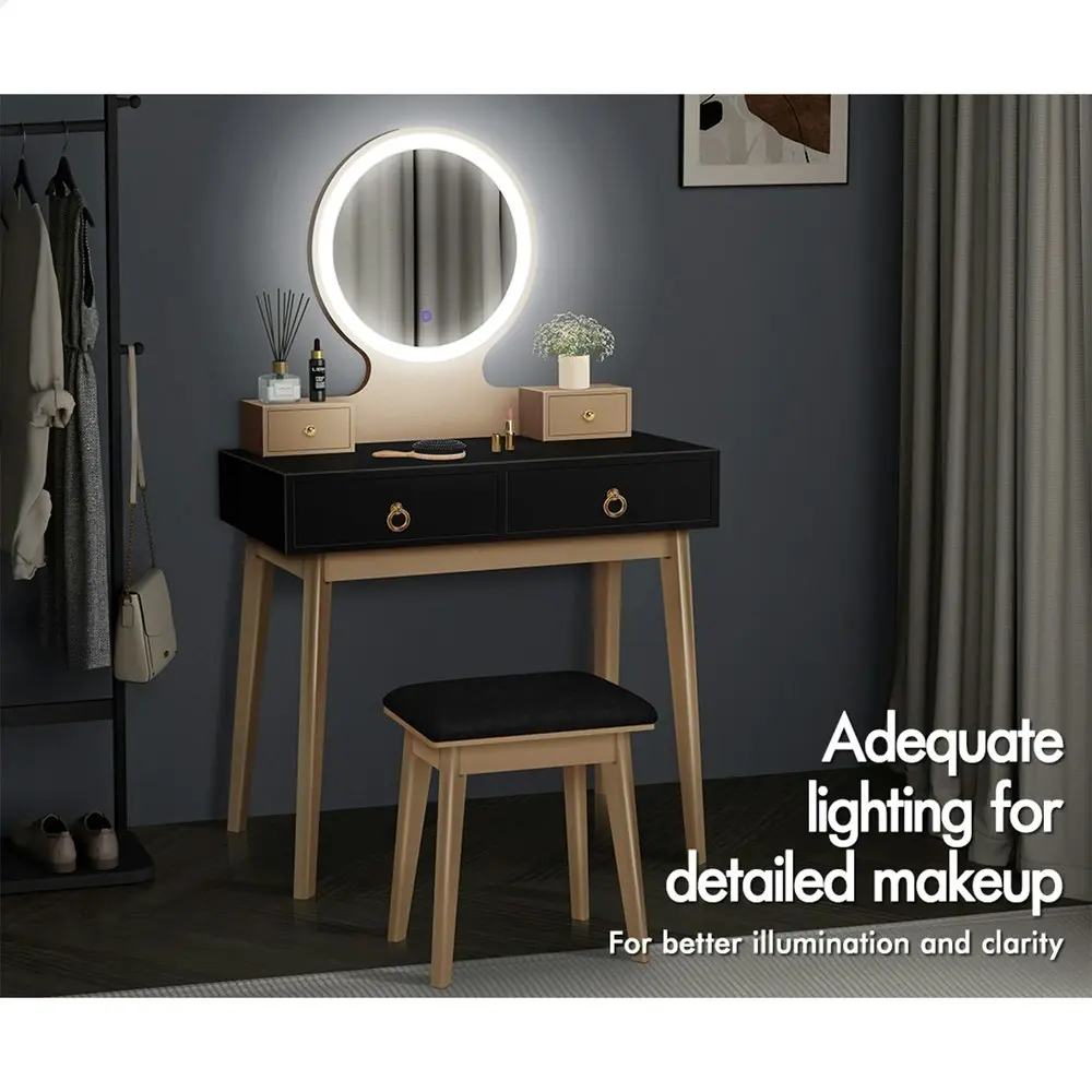 Alfordson Dressing Table Stool Set LED Mirror Black