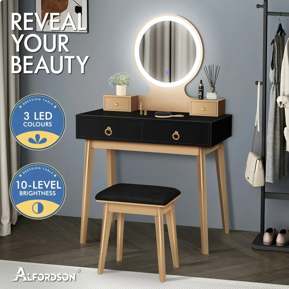 Alfordson Dressing Table Stool Set LED Mirror Black