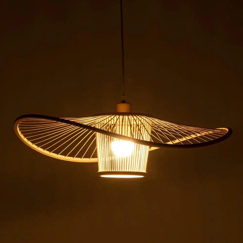 New Oriental Natural Hand-Woven Bamboo Wide Brim Hanging Pendant Lamp Light