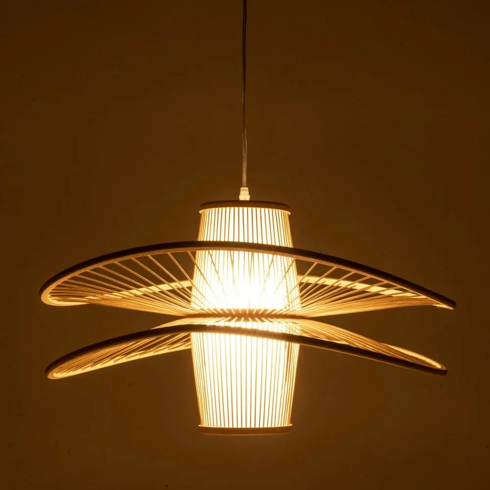 New Oriental Natural Hand-Woven Bamboo 2-Layer Double Wide Brim Hanging Pendant Lamp Light